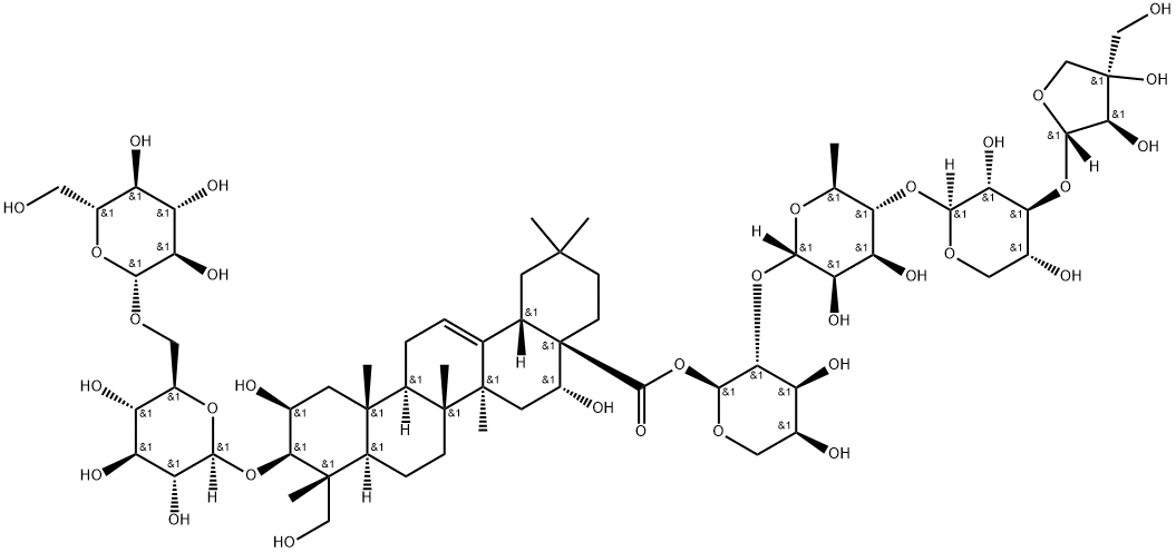 Olean-12-en-28-oic acid, 3-[(6-O-β-D-glucopyranosyl-β-D-glucopyranosyl)oxy]-2,16,23-trihydroxy-, O-D-apio-β-D-furanosyl-(1→3)-O-β-D-xylopyranosyl-(1→4)-O-6-deoxy-α-L-mannopyranosyl-(1→2)-α-L-arabinopyranosyl ester, (2β,3β,4α,16α)- 구조식 이미지