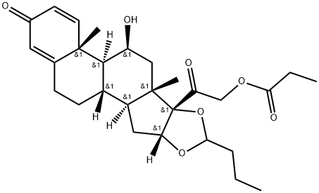 Pregna-1,4-diene-3,20-dione, 16,17-[butylidenebis(oxy)]-11-hydroxy-21-(1-oxopropoxy)-, (11β,16α)- 구조식 이미지