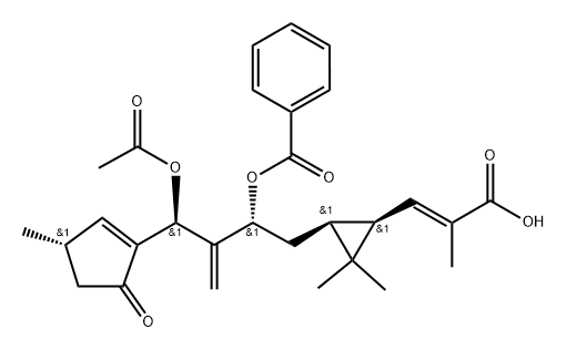 2-Propenoic acid, 3-[(1R,3S)-3-[(2R)-3-[(S)-(acetyloxy)[(3S)-3-methyl-5-oxo-1-cyclopenten-1-yl]methyl]-2-(benzoyloxy)-3-buten-1-yl]-2,2-dimethylcyclopropyl]-2-methyl-, (2E)-rel-(-)- 구조식 이미지