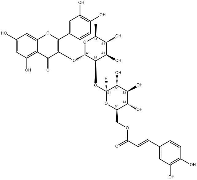 4H-1-Benzopyran-4-one, 3-[[6-deoxy-2-O-[6-O-[(2E)-3-(3,4-dihydroxyphenyl)-1-oxo-2-propen-1-yl]-β-D-glucopyranosyl]-α-L-mannopyranosyl]oxy]-2-(3,4-dihydroxyphenyl)-5,7-dihydroxy- Structure