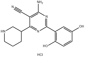 5-피리미딘카르보니트릴,4-아미노-2-(2,5-디히드록시페닐)-6-(3-피페리디닐)-,(HCl염) 구조식 이미지