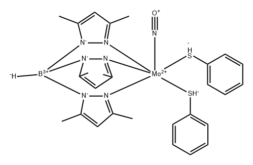 bis(benzenethiolato)nitrosyl(tris(3,5-dimethyl-1-pyrazolyl)hydroborato)molybdenum(II) Structure