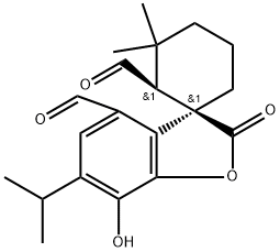 Spiro[benzofuran-3(2H),1'-cyclohexane]-2',4-dicarboxaldehyde, 7-hydroxy-3',3'-dimethyl-6-(1-methylethyl)-2-oxo-, (1'R,2'S)- 구조식 이미지