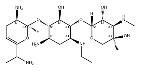 D-Streptamine, O-3-deoxy-4-C-methyl-3-(methylamino)-β-L-arabinopyranosyl-(1→4)-O-[(6ξ)-2,6-diamino-2,3,4,6,7-pentadeoxy-α-D-glycero-hept-4-enopyranosyl-(1→6)]-2-deoxy-N3-ethyl- 구조식 이미지