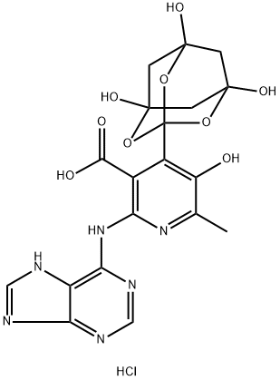 3-Pyridinecarboxylic acid, 5-hydroxy-6-methyl-2-(9H-purin-6-ylamino)-4-(1,5,7-trihydroxy-2,4,10-trioxatricyclo[3.3.1.13,7]dec-3-yl)-, hydrochloride (1:1) 구조식 이미지