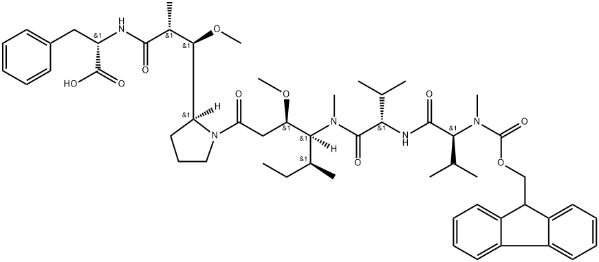 L-Phenylalanine, N-[(9H-fluoren-9-ylmethoxy)carbonyl]-N-methyl-L-valyl-L-valyl-(3R,4S,5S)-3-methoxy-5-methyl-4-(methylamino)heptanoyl-(αR,βR,2S)-β-methoxy-α-methyl-2-pyrrolidinepropanoyl- (9CI) Structure