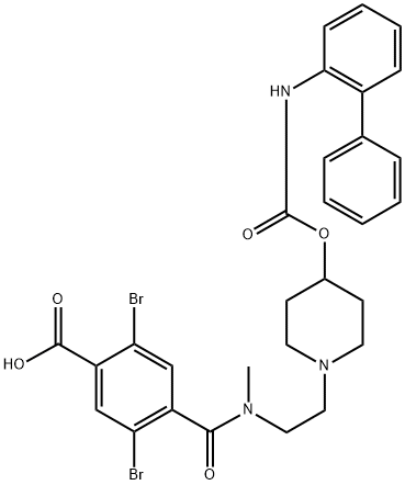 Benzoic acid, 4-[[[2-[4-[[([1,1'-biphenyl]-2-ylamino)carbonyl]oxy]-1-piperidinyl]ethyl]methylamino]carbonyl]-2,5-dibromo- 구조식 이미지
