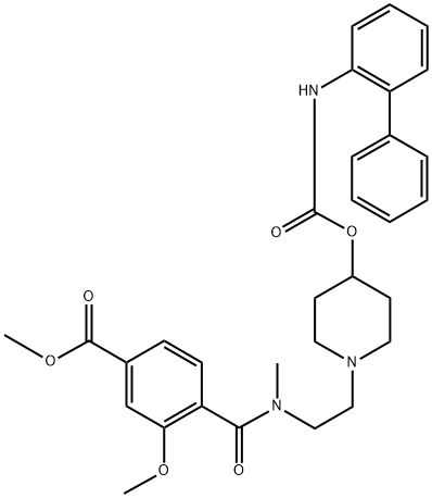 Benzoic acid, 4-[[[2-[4-[[([1,1'-biphenyl]-2-ylamino)carbonyl]oxy]-1-piperidinyl]ethyl]methylamino]carbonyl]-3-methoxy-, methyl ester 구조식 이미지