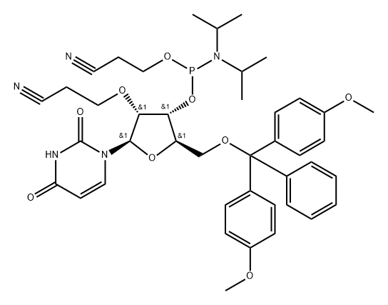 Uridine, 5'-O-[bis(4-methoxyphenyl)phenylmethyl]-2'-O-(2-cyanoethyl)-, 3'-[2-cyanoethyl N,N-bis(1-methylethyl)phosphoramidite] Structure