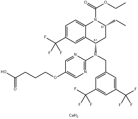 1(2H)-Quinolinecarboxylic acid, 4-[[[3,5-bis(trifluoromethyl)phenyl]methyl][5-(3-carboxypropoxy)-2-pyrimidinyl]amino]-2-ethyl-3,4-dihydro-6-(trifluoromethyl)-, 1-ethyl ester, calcium salt (2:1), (2R,4S)- Structure