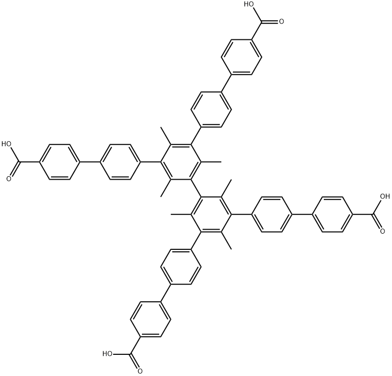 [1,1′:4′,1′′:3′′,1′′′:3′′′,1′′′′:4′′′′,1′′′′′-Sexiphenyl]-4,4′′′′′-dicarboxylic acid, 5′′,5′′′-bis(4′-carboxy[1,1′-biphenyl]-4-yl)-2′′,2′′′,4′′,4′′′,6′′,6′′′-hexamethyl- 구조식 이미지