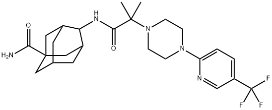 1-Piperazineacetamide, N-[5-(aminocarbonyl)tricyclo[3.3.1.13,7]dec-2-yl]-α,α-dimethyl-4-[5-(trifluoromethyl)-2-pyridinyl]-, stereoisomer Structure