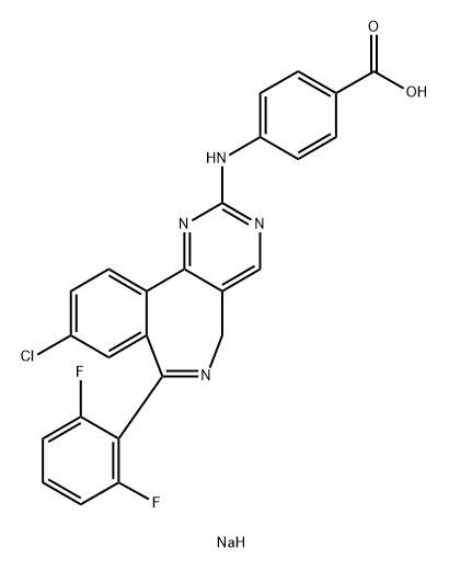 Benzoic acid, 4-[[9-chloro-7-(2,6-difluorophenyl)-5H-pyrimido[5,4-d][2]benzazepin-2-yl]amino]-, sodium salt (1:1) Structure