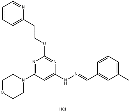 Benzaldehyde, 3-methyl-, 2-[6-(4-morpholinyl)-2-[2-(2-pyridinyl)ethoxy]-4-pyrimidinyl]hydrazone, hydrochloride (1:2) Structure