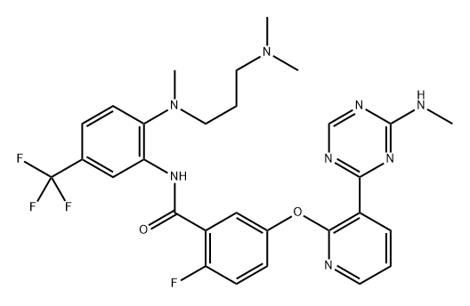 Benzamide, N-[2-[[3-(dimethylamino)propyl]methylamino]-5-(trifluoromethyl)phenyl]-2-fluoro-5-[[3-[4-(methylamino)-1,3,5-triazin-2-yl]-2-pyridinyl]oxy]- Structure