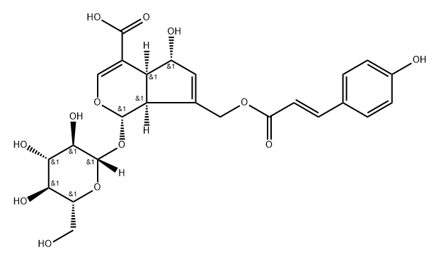 Cyclopenta[c]pyran-4-carboxylic acid, 1-(β-D-glucopyranosyloxy)-1,4a,5,7a-tetrahydro-5-hydroxy-7-[[[(2E)-3-(4-hydroxyphenyl)-1-oxo-2-propen-1-yl]oxy]methyl]-, (1S,4aS,5R,7aS)- Structure