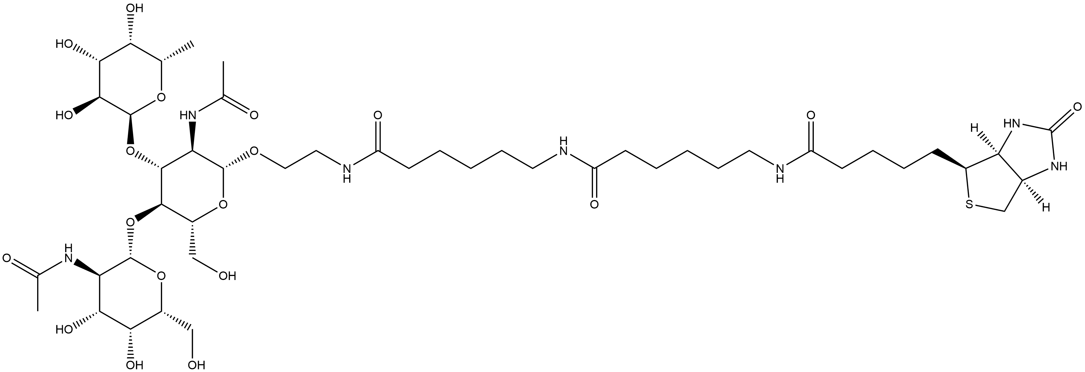 (3aS,4S,6aR)-N-[6-[[6-[[2-[[O-2-(Acetylamino)-2-deoxy-β-D-galactopyranosyl-(1→4)-O-[6-deoxy-α-L-galactopyranosyl-(1→3)]-2-(acetylamino)-2-deoxy-β-D-glucopyranosyl]oxy]ethyl]amino]-6-oxohexyl]amino]-6-oxohexyl]hexahydro-2-oxo-1H-thieno[3,4-d]imidazole-4-pentanamide Structure