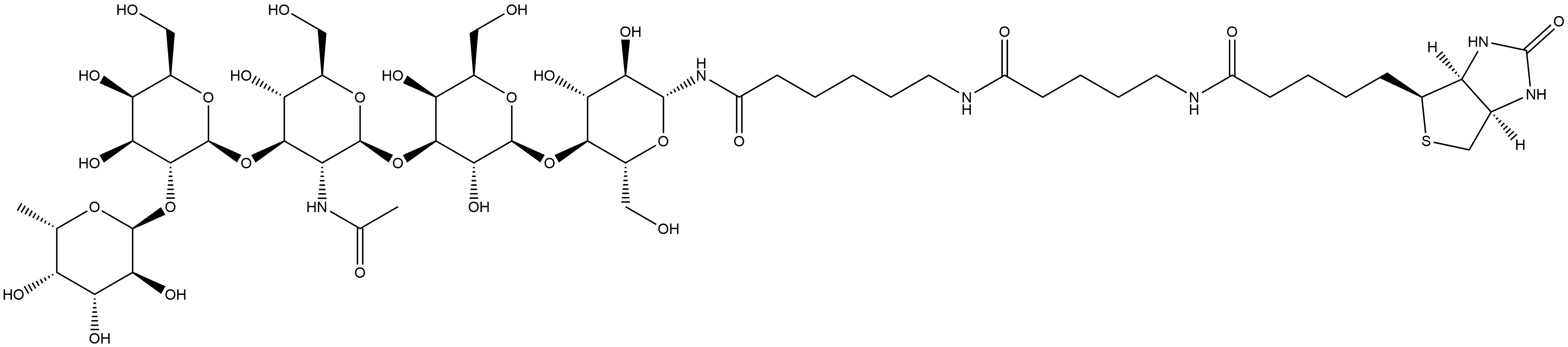 (3aS,4S,6aR)-N-[5-[[6-[[O-6-Deoxy-α-L-galactopyranosyl-(1→2)-O-β-D-galactopyranosyl-(1→3)-O-2-(acetylamino)-2-deoxy-β-D-glucopyranosyl-(1→3)-O-β-D-galactopyranosyl-(1→4)-β-D-glucopyranosyl]amino]-6-oxohexyl]amino]-5-oxopentyl]hexahydro-2-oxo-1H-thieno[3,4-d]imidazole-4-pentanamide Structure