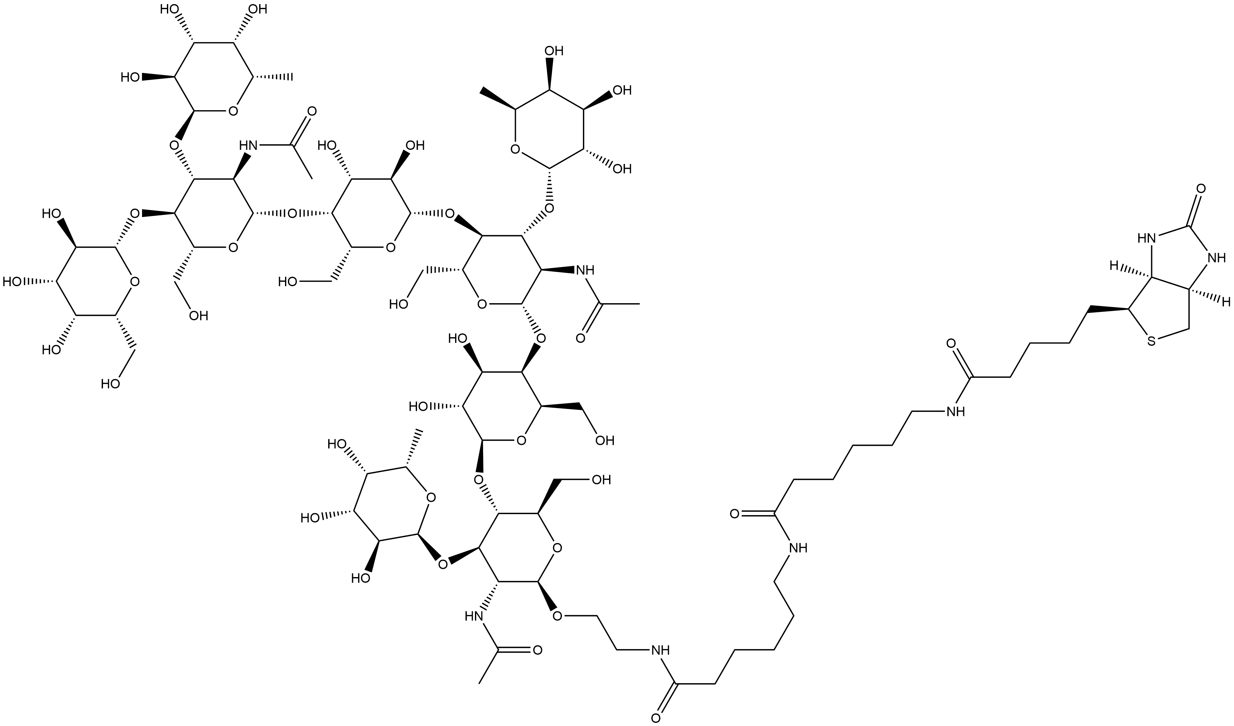 (3aS,4S,6aR)-N-[6-[[6-[[2-[[O-6-Deoxy-α-L-galactopyranosyl-(1→3)-O-[β-D-galactopyranosyl-(1→4)]-O-2-(acetylamino)-2-deoxy-β-D-glucopyranosyl-(1→4)-O-β-D-galactopyranosyl-(1→4)-O-[6-deoxy-α-L-galactopyranosyl-(1→3)]-O-2-(acetylamino)-2-deoxy-β-D-glucopyranosyl-(1→4)-O-β-D-galactopyranosyl-(1→4)-O-[6-deoxy-α-L-galactopyranosyl-(1→3)]-2-(acetylamino)-2-deoxy-β-D-glucopyranosyl]oxy]ethyl]amino]-6-oxohexyl]amino]-6-oxohexyl]hexahydro-2-oxo-1H-thieno[3,4-d]imidazole-4-pentanamide Structure