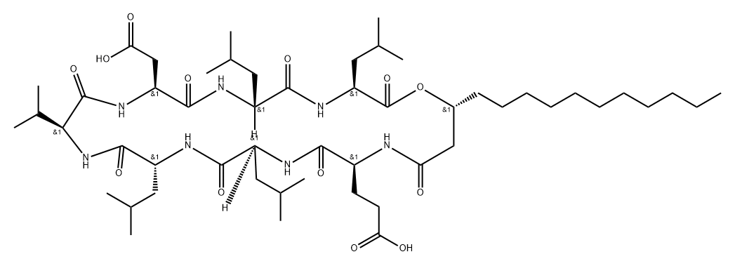 Cyclo[L-α-aspartyl-D-leucyl-L-leucyl-(3R)-3-hydroxytetradecanoyl-L-α-glutamyl-L-leucyl-D-leucyl-L-valyl] Structure