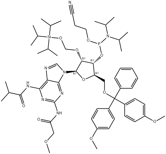 Adenosine, 5'-O-[bis(4-methoxyphenyl)phenylmethyl]-2-[(methoxyacetyl)amino]-N-(2-methyl-1-oxopropyl)-2'-O-[[[tris(1-methylethyl)silyl]oxy]methyl]-, 3'-[2-cyanoethyl bis(1-methylethyl)phosphoramidite] (9CI) Structure