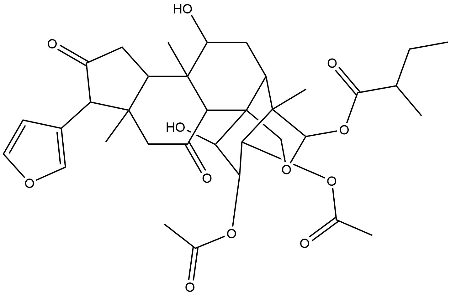 24-Norchola-20,22-diene-4-carboxaldehyde, 2,3-bis(acetyloxy)-21,23-epoxy-1,7,19-trihydroxy-4,8-dimethyl-11,15-dioxo-, cyclic 4,19-(2-methyl-1-oxobutyl acetal), [C(S),1α,2α,3α,4β,5α,7α,13α,17α]- Structure