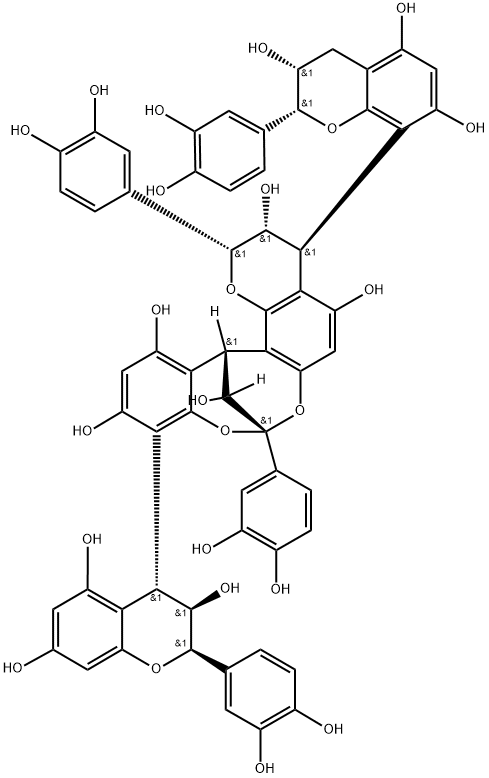 8,14-Methano-2H,14H-1-benzopyrano[7,8-d][1,3]benzodioxocin-3,5,11,13,15-pentol, 2,8-bis(3,4-dihydroxyphenyl)-10-[(2R,3R,4R)-2-(3,4-dihydroxyphenyl)-3,4-dihydro-3,5,7-trihydroxy-2H-1-benzopyran-4-yl]-4-[(2R,3R)-2-(3,4-dihydroxyphenyl)-3,4-dihydro-3,5,7-trihydroxy-2H-1-benzopyran-8-yl]-3,4-dihydro-, (2R,3R,4S,8R,14R,15R)- Structure