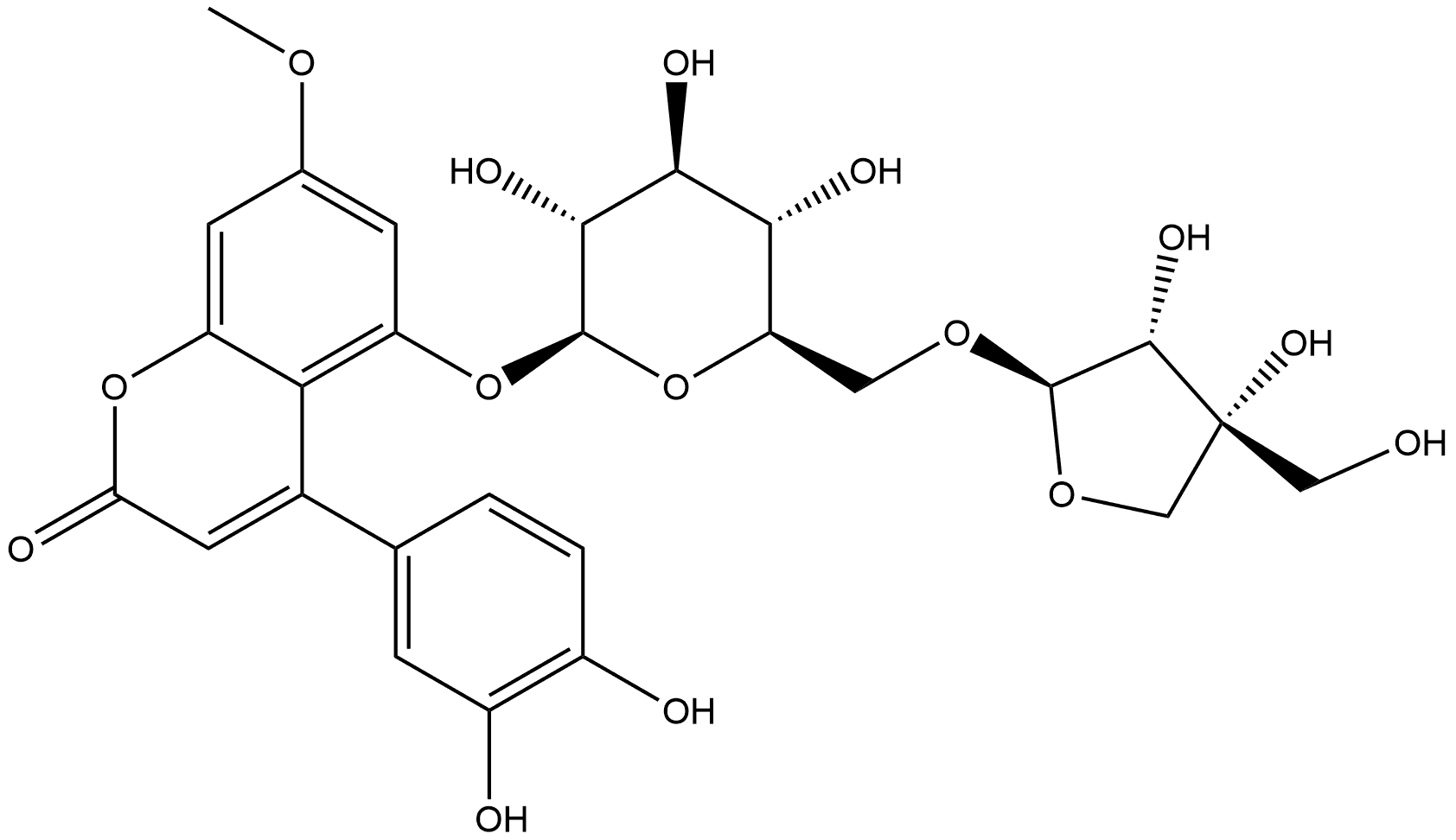 5-[(6-O-D-Apio-β-D-furanosyl-β-D-glucopyranosyl)oxy]-4-(3,4-dihydroxyphenyl)-7-methoxy-2H-1-benzopyran-2-one Structure