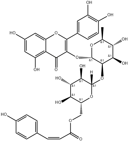 4H-1-Benzopyran-4-one, 3-[[6-deoxy-2-O-[6-O-[(2Z)-3-(4-hydroxyphenyl)-1-oxo-2-propen-1-yl]-β-D-glucopyranosyl]-α-L-mannopyranosyl]oxy]-2-(3,4-dihydroxyphenyl)-5,7-dihydroxy- Structure