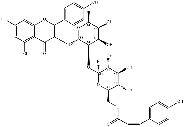 4H-1-Benzopyran-4-one, 3-[[6-deoxy-2-O-[6-O-[(2Z)-3-(4-hydroxyphenyl)-1-oxo-2-propen-1-yl]-β-D-glucopyranosyl]-α-L-mannopyranosyl]oxy]-5,7-dihydroxy-2-(4-hydroxyphenyl)- Structure