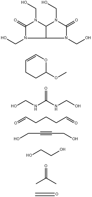 Urea, N,N'-bis(hydroxymethyl)-, reaction products with acetone, 2-butyne-1,4-diol, 3,4-dihydro-2-methoxy-2H-pyran, ethylene glycol, formaldehyde, glutaraldehyde and tetrahydro-1,3,4,6-tetrakis(hydroxymethyl)imidazo[4,5-d]imidazole-2,5(1H,3H Structure