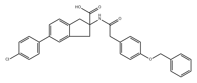 2-(2-(4-(benzyloxy)phenyl)acetamido)-5-(4-chlorophenyl)-2,3-dihydro-1H-indene-2-carboxylic acid Structure