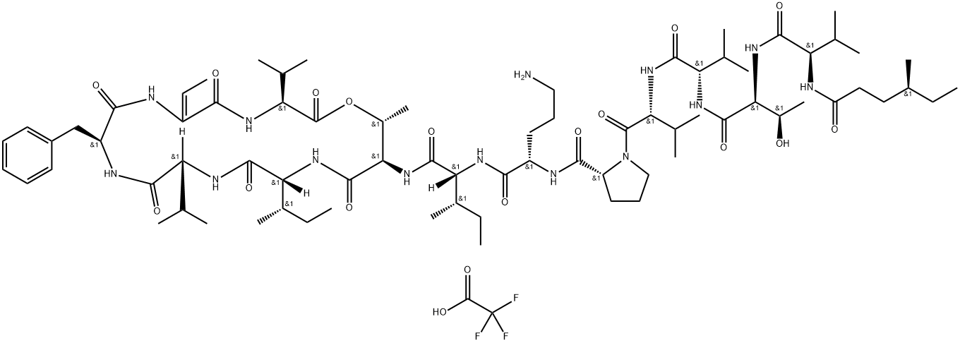 L-Valine, N-[(4S)-4-methyl-1-oxohexyl]-D-valyl-L-threonyl-L-valyl-D-valyl-D-prolyl-L-ornithyl-D-alloisoleucyl-D-allothreonyl-D-alloisoleucyl-D-valyl-L-phenylalanyl-(2Z)-2-amino-2-butenoyl-, (13→8)-lactone, 2,2,2-trifluoroacetate (1:1) Structure