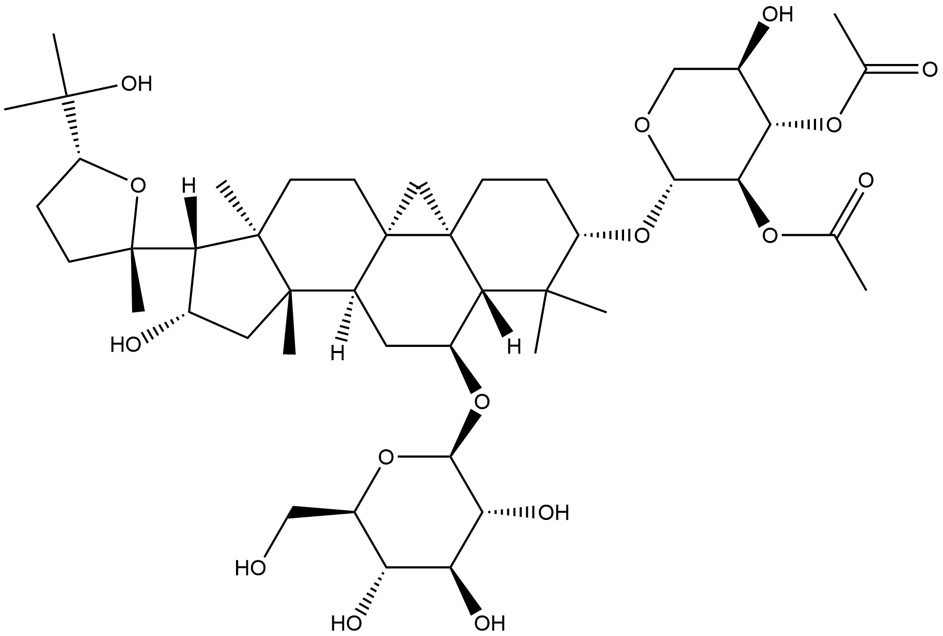 β-D-Glucopyranoside, (3β,6α,16β,24R)-3-[(2,3-di-O-acetyl-β-D-xylopyranosyl)oxy]-20,24-epoxy-16,25-dihydroxy-9,19-cyclolanostan-6-yl (9CI) Structure