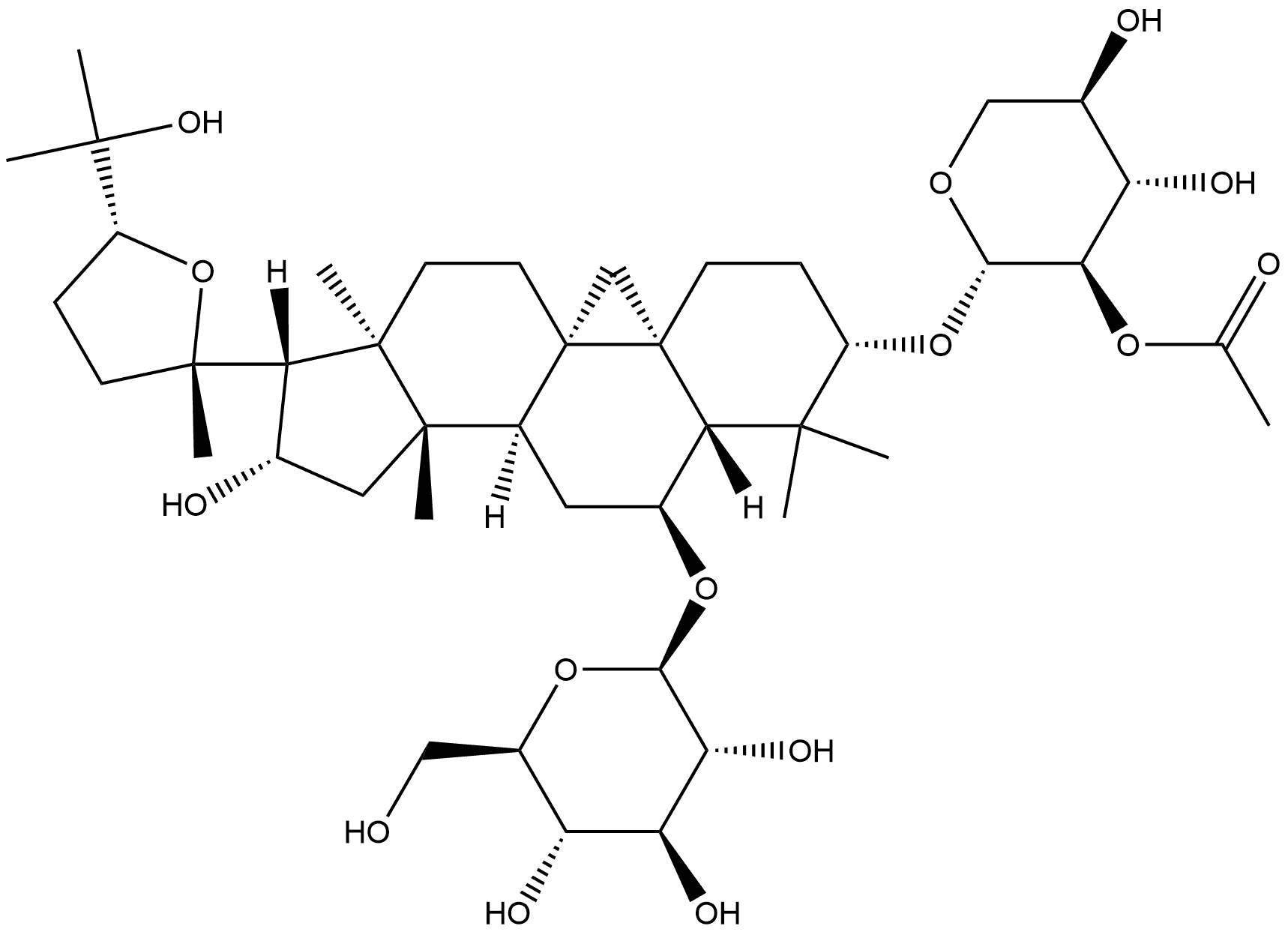 β-D-Glucopyranoside, (3β,6α,16β,24R)-3-[(2-O-acetyl-β-D-xylopyranosyl)oxy]-20,24-epoxy-16,25-dihydroxy-9,19-cyclolanostan-6-yl (9CI) 구조식 이미지