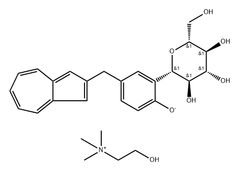 D-Glucitol, 1,5-anhydro-1-C-[5-(2-azulenylmethyl)-2-hydroxyphenyl]-, ion(1-), (1S)-, 2-hydroxy-N,N,N-trimethylethanaminium (1:1) Structure
