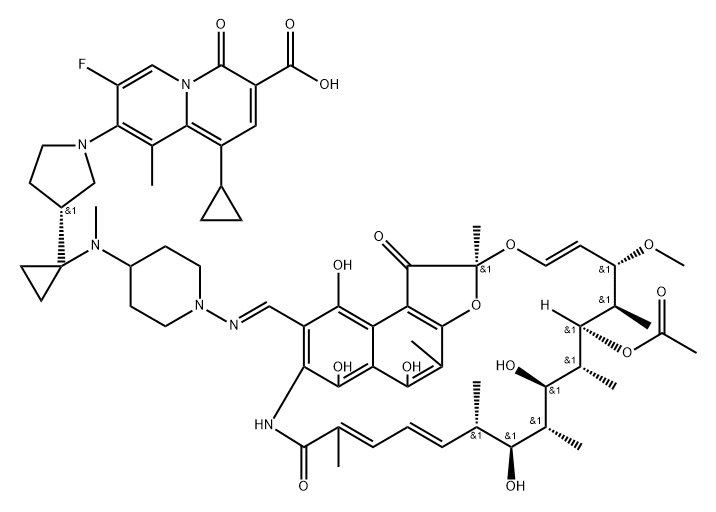 Rifamycin, 3-[(E)-[[4-[[1-[(3R)-1-(3-carboxy-1-cyclopropyl-7-fluoro-9-methyl-4-oxo-4H-quinolizin-8-yl)-3-pyrrolidinyl]cyclopropyl]methylamino]-1-piperidinyl]imino]methyl]- 구조식 이미지