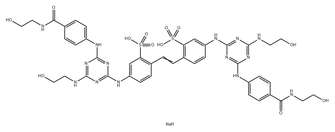 2,2'-(1,2-Ethenediyl)bis[5-[[4-[(2-hydroxyethyl)amino]-6-[[4-[[(2-hydroxyethyl)amino]carbonyl]phenyl]amino]-1,3,5-triazin-2-yl]amino] benzenesulfonic acid disodium salt 구조식 이미지