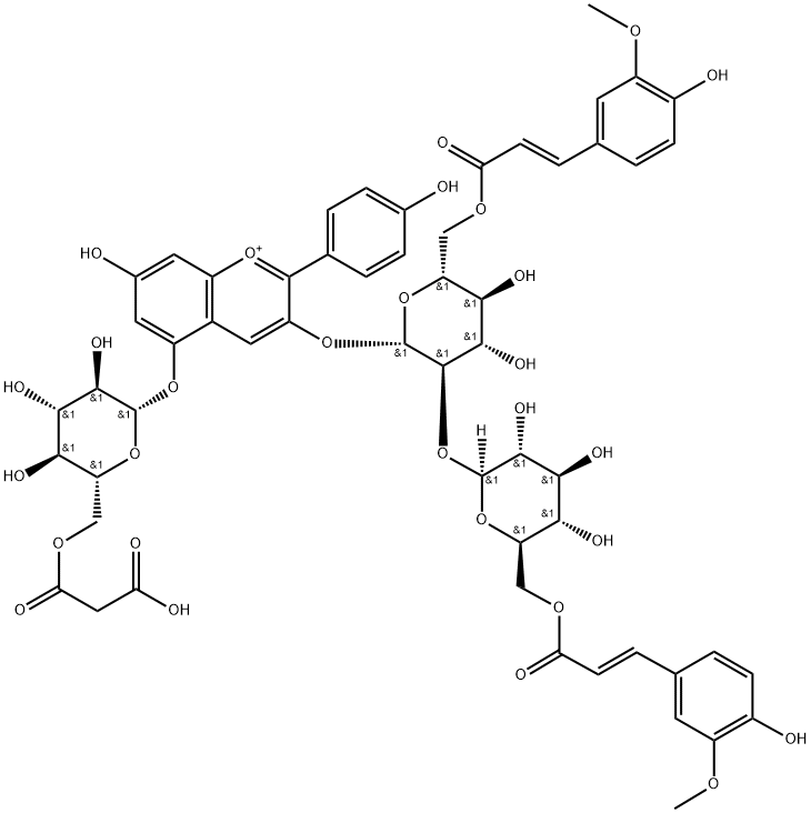 Pelargonidin 3-O-[6-O-(E)-Ferulyl-2-O-{6-O-(E)-Ferulyl-β-D-glucoside}-β-D-glucoside]-5-O-(6-O-malonyl)-β-D-glucoside Structure