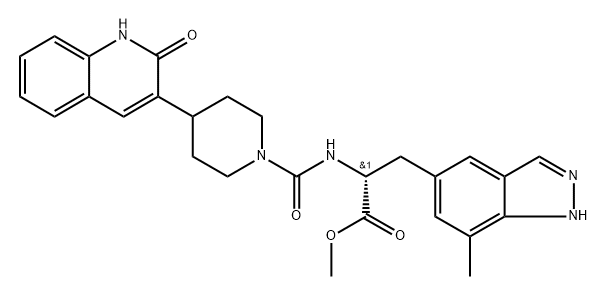 1H-Indazole-5-propanoic acid, α-[[[4-(1,2-dihydro-2-oxo-3-quinolinyl)-1-piperidinyl]carbonyl]amino]-7-methyl-, methyl ester, (αR)- Structure