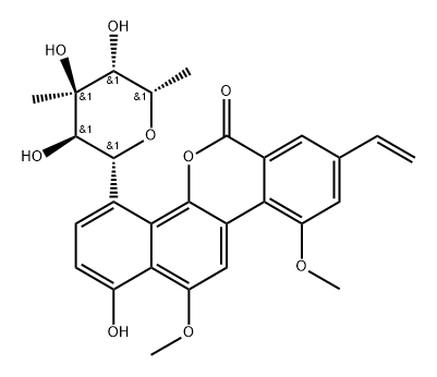 8-Vinyl-10,12-dimethoxy-1-hydroxy-4-(3-C-methyl-6-deoxy-β-L-glucopyranosyl)-6H-benzo[d]naphtho[1,2-b]pyran-6-one Structure