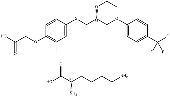 L-Lysine, compd. with 2-[4-[[(2R)-2-ethoxy-3-[4-(trifluoromethyl)phenoxy]propyl]thio]-2-methylphenoxy]acetic acid (1:1) Structure