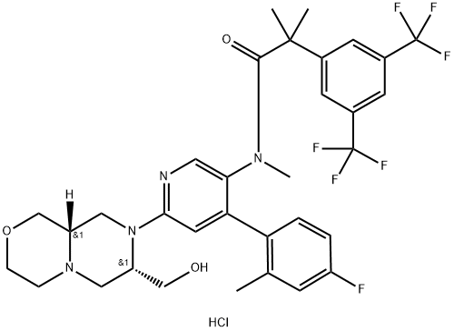 Benzeneacetamide, N-[4-(4-fluoro-2-methylphenyl)-6-[(7S,9aS)-hexahydro-7-(hydroxymethyl)pyrazino[2,1-c][1,4]oxazin-8(1H)-yl]-3-pyridinyl]-N,α,α-trimethyl-3,5-bis(trifluoromethyl)-, hydrochloride (1:1) Structure