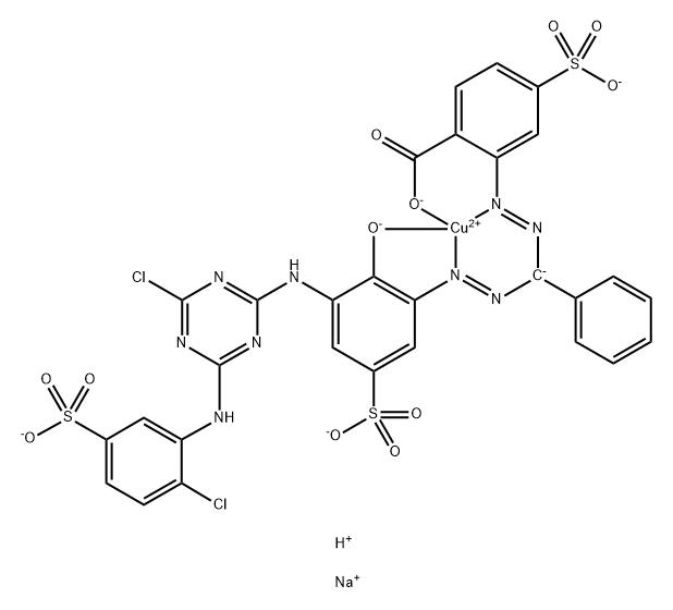 Cuprate, [2-[[[[3-[[4-chloro-6-[(2-chloro-5-sulfophenyl)amino]-1,3,5-triazin-2-yl]amino]-2-hydroxy-5-sulfophenyl] azo]phenylmethyl]azo]-4-sulfobenzoato]-, trisodium hydrogen Structure