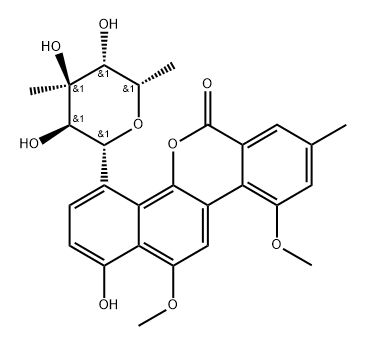 10,12-Dimethoxy-1-hydroxy-8-methyl-4-(3-C-methyl-6-deoxy-β-L-glucopyranosyl)-6H-benzo[d]naphtho[1,2-b]pyran-6-one Structure