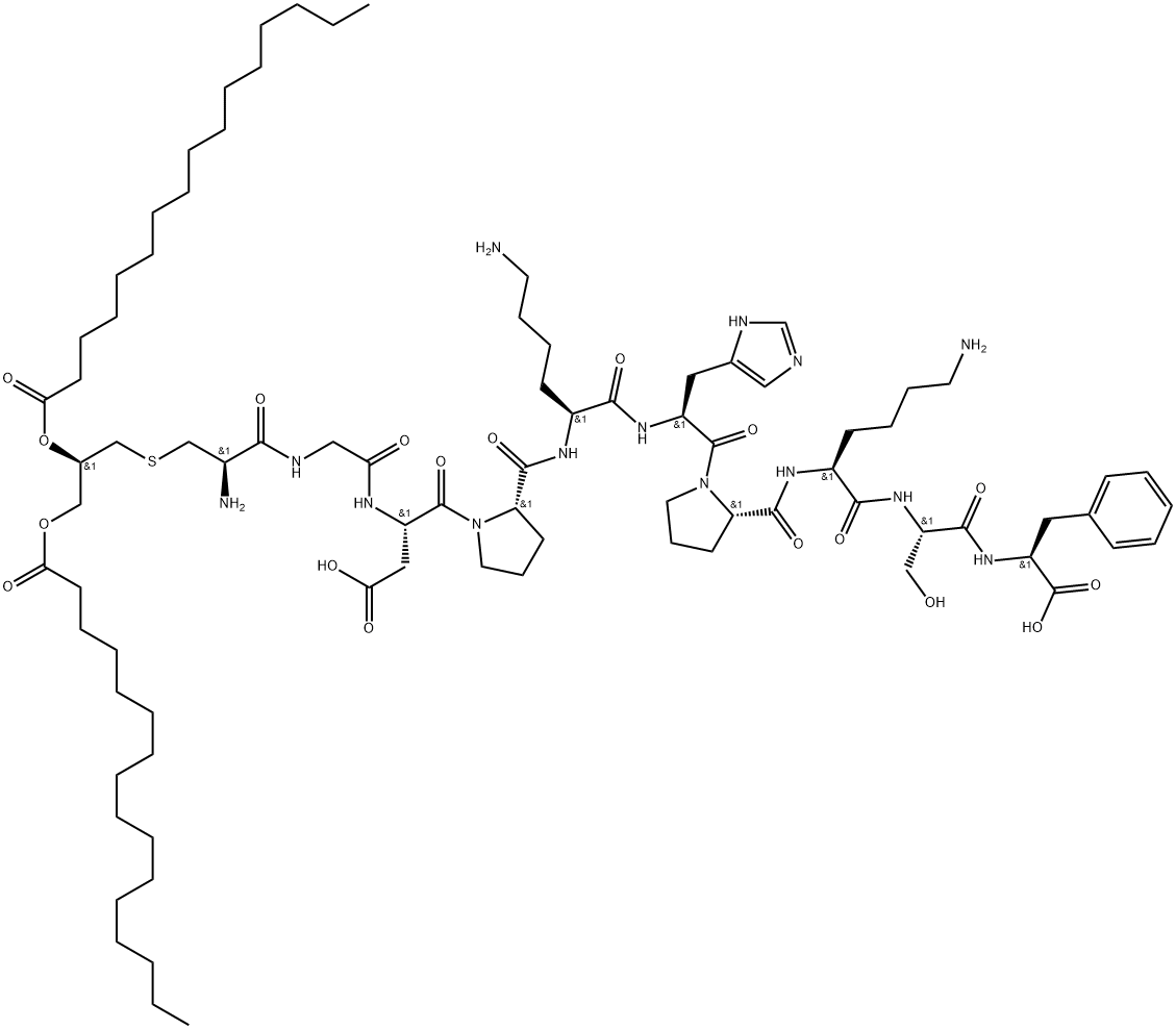 L-Phenylalanine, S-[(2R)-2,3-bis[(1-oxohexadecyl)oxy]propyl]-L-cysteinylglycyl-L-α-aspartyl-L-prolyl-L-lysyl-L-histidyl-L-prolyl-L-lysyl-L-seryl- Structure