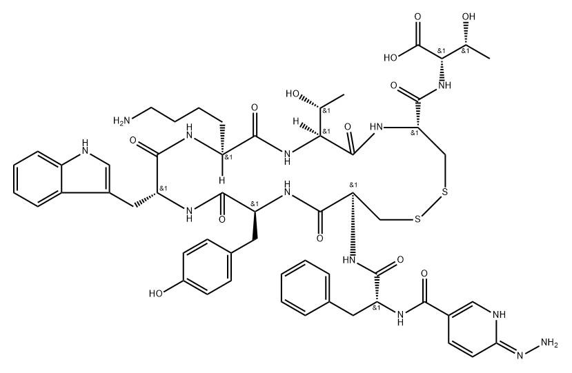 L-Threonine, N-[(6-hydrazinyl-3-pyridinyl)carbonyl]-D-phenylalanyl-L-cysteinyl-L-tyrosyl-D-tryptophyl-L-lysyl-L-threonyl-L-cysteinyl-, cyclic (2→7)-disulfide Structure