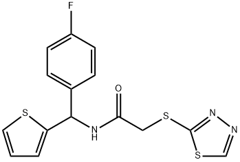 2-((1,3,4-thiadiazole-2-yl)sulfanyl)-N-((4-fluorophenyl)(Thien-2-yl)methyl)acetamide 구조식 이미지