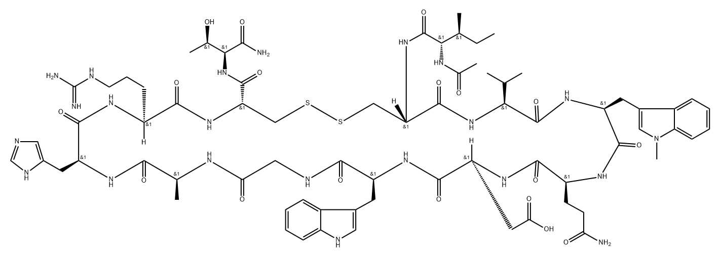 L-Threoninamide, N-acetyl-L-isoleucyl-L-cysteinyl-L-valyl-1-methyl-L-tryptophyl-L-glutaminyl-L-α-aspartyl-L-tryptophylglycyl-L-alanyl-L-histidyl-L-arginyl-L-cysteinyl-, cyclic (2→12)-disulfide Structure