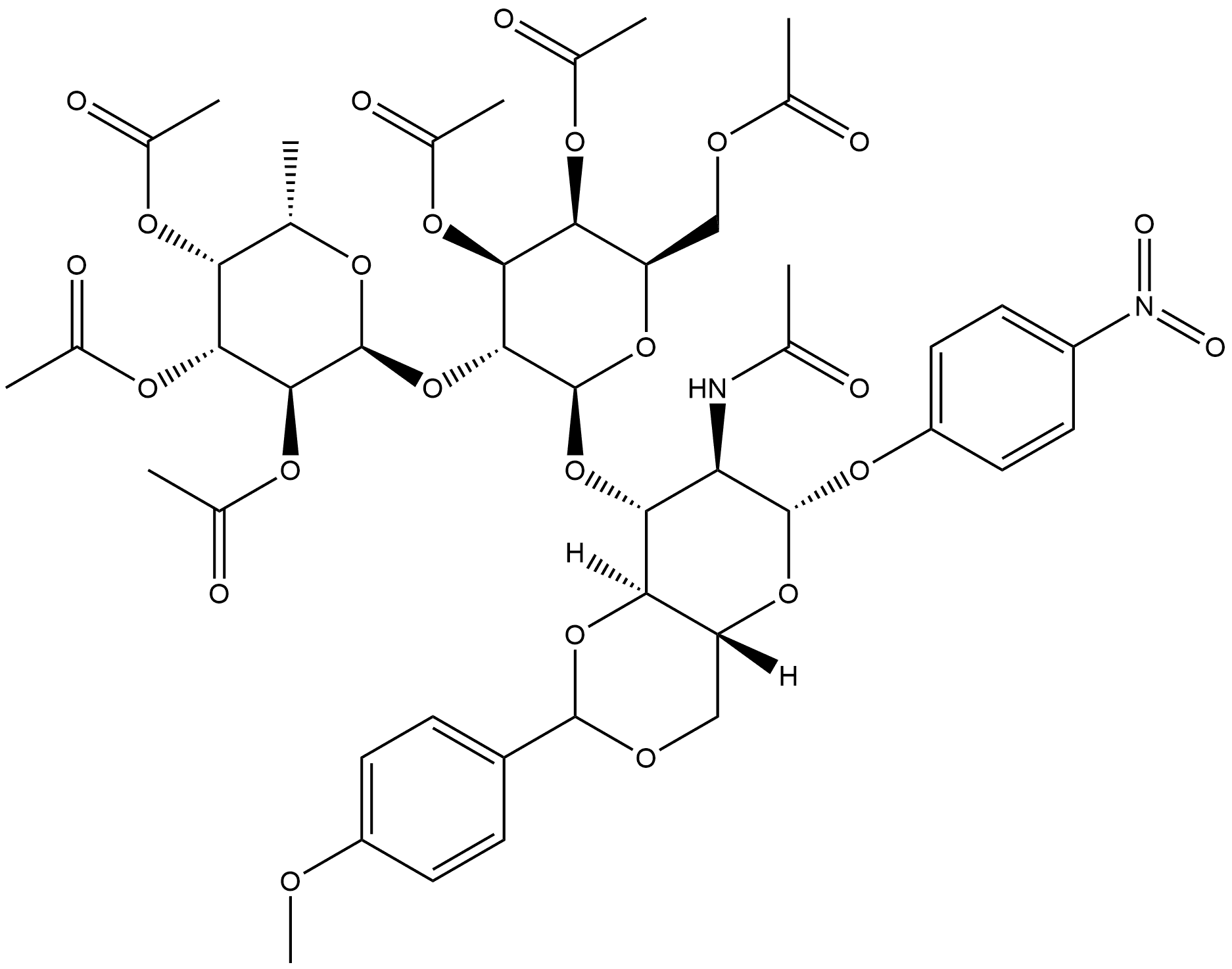 β-D-Glucopyranoside, 4-nitrophenyl O-2,3,4-tri-O-acetyl-6-deoxy-α-L-galactopyranosyl-(1→2)-O-3,4,6-tri-O-acetyl-β-D-galactopyranosyl-(1→3)-2-(acetylamino)-2-deoxy-4,6-O-[(4-methoxyphenyl)methylene]- 구조식 이미지